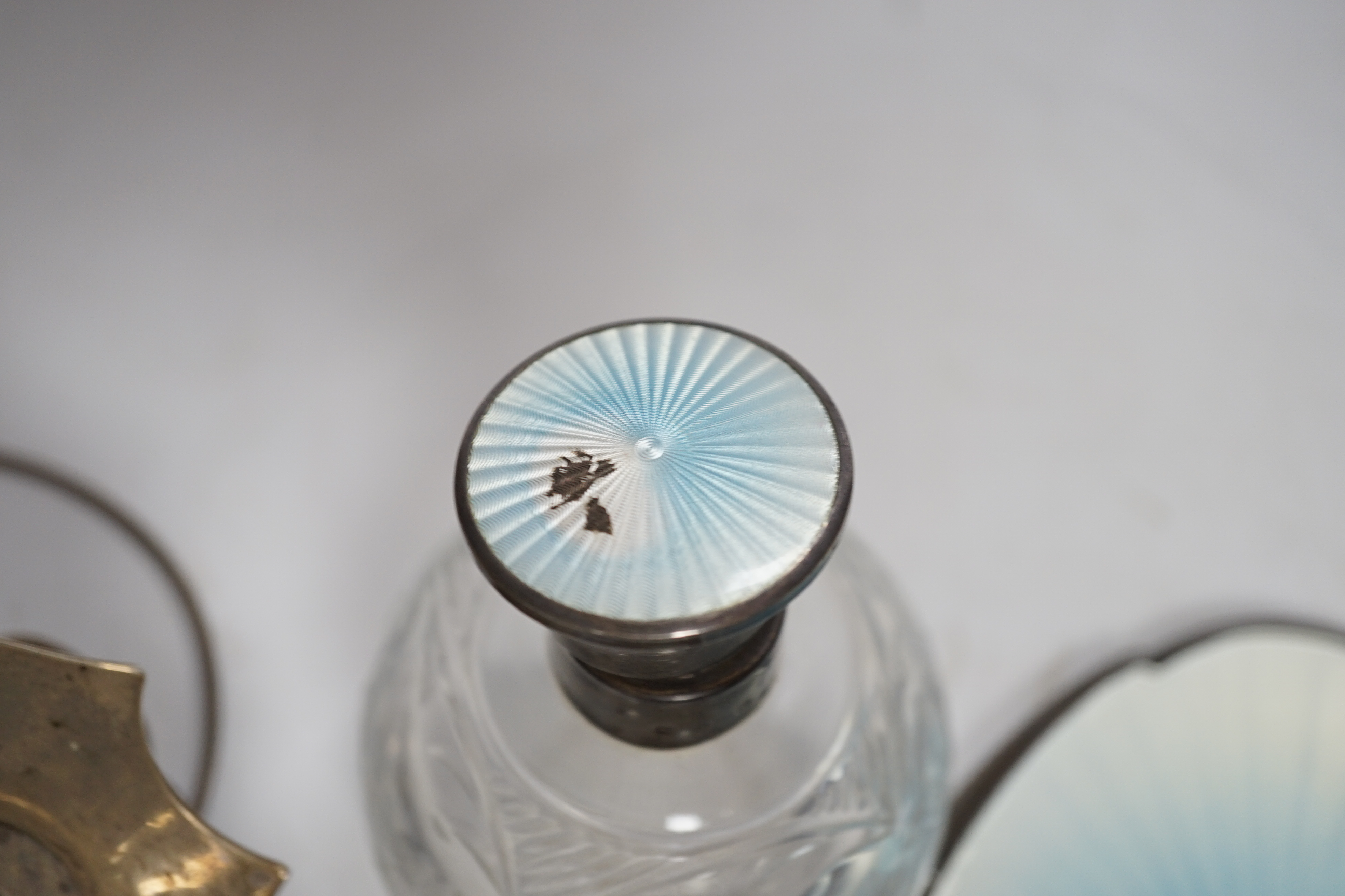 A George V silver claret jug mount, Walker & Hall, Sheffield, 1912, three silver and enamel dressing table items including a hand mirror and a cased set of six silver bean end coffee spoons.